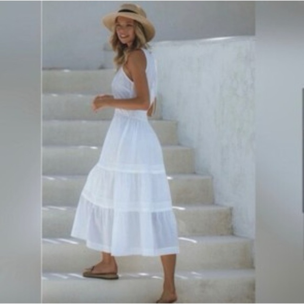 Pampelone White Perle Pleated Tiered Midi Dress L - Picture 2 of 11